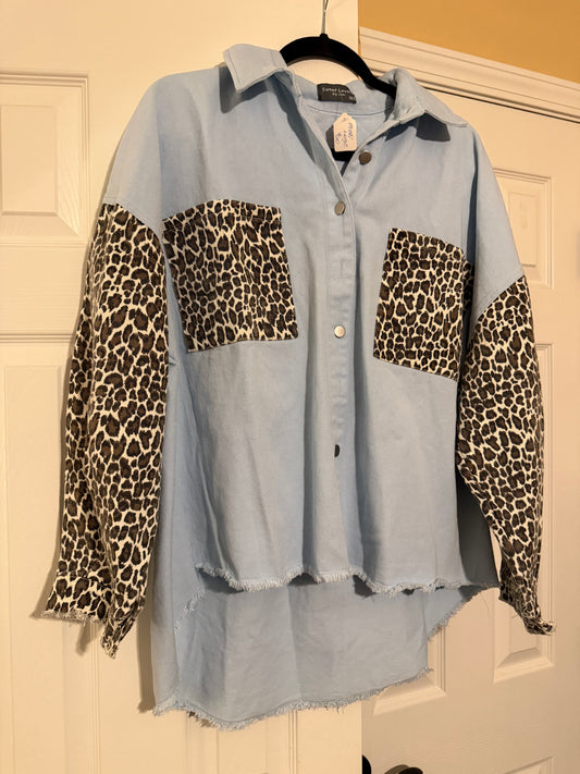 Denim leopard sleeve Shacket